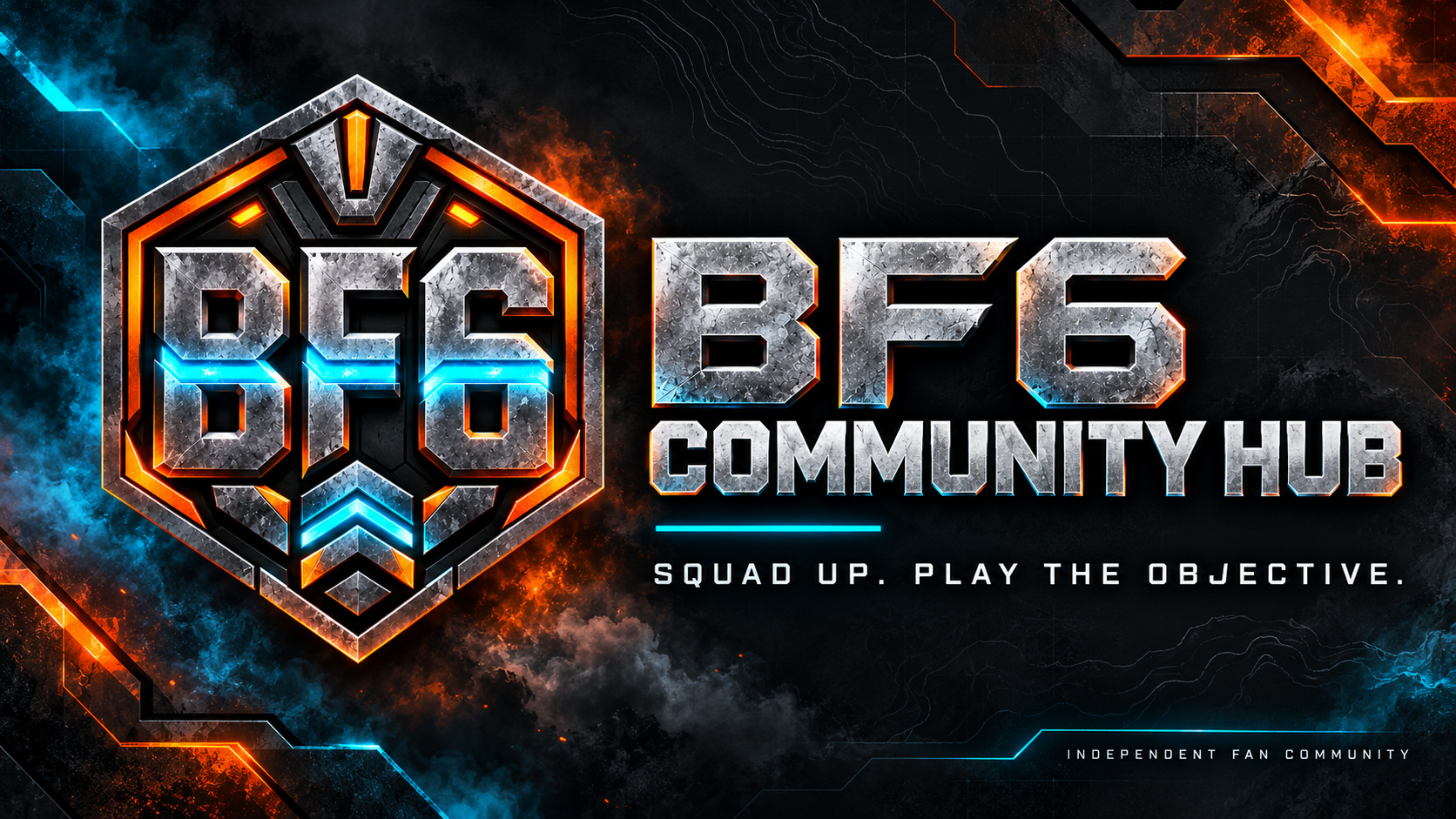 BF6 Community Hub emblem in cyan and orange. Squad up. Play the objective.
